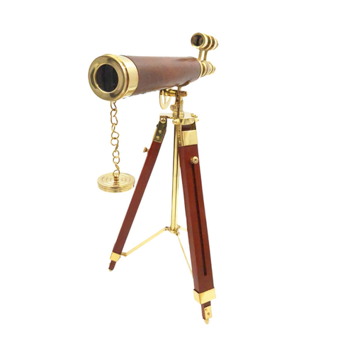 Elegantiškas žalvarinis teleskopas ant medinio trikojo, retro jūrinis, 57 cm