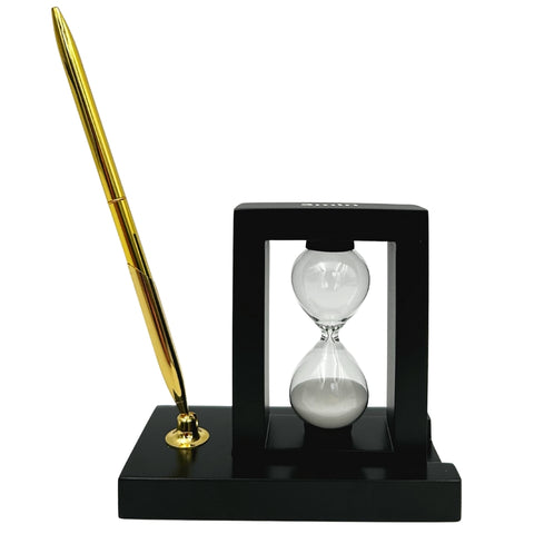 Stalo rinkinys: rašiklio laikiklis ir 3 min. smėlio laikrodis – juodas biurui
