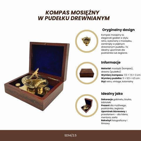 Žalvarinis retro kompasas medinėje dėžutėje – dovana keliautojui ir jūreiviui