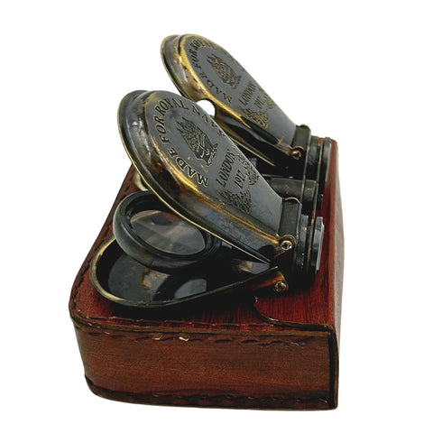 Retro žalvariniai žiūronai su odiniu dėklu – vintage dovana