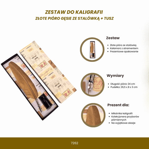 Kaligrafijos rinkinys su auksine žąsies plunksna, metaliniu plunksnos laikikliu ir juodu rašalu dovaniniame ilgame dėkle, nuotrauka iš viršaus kampu