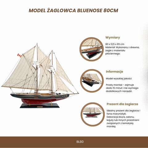 Bluenose medinis burlaivio modelis 80 cm – jūrinio stiliaus dekoras