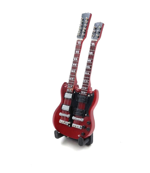 Mini gitara 15 cm, raudonmedžio – Jimmy Page stilius, kolekcinė su stovu