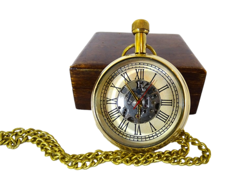 Retro kišeninis mechaninis laikrodis su matoma mechanika, medinėje dėžutėje
