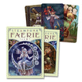 Steampunk Faerie tarot kortų rinkinys su dėklu ir iliustruotu vadovu, rodantis mėlyno viršelio moterį mėnulyje ir tris skirtingas kortas