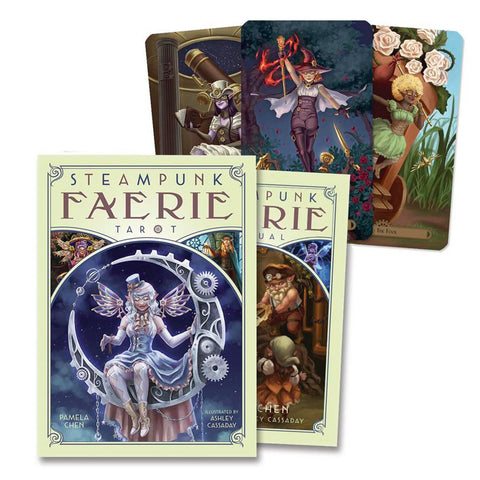 Steampunk Faerie tarot kortų rinkinys su dėklu ir iliustruotu vadovu, rodantis mėlyno viršelio moterį mėnulyje ir tris skirtingas kortas