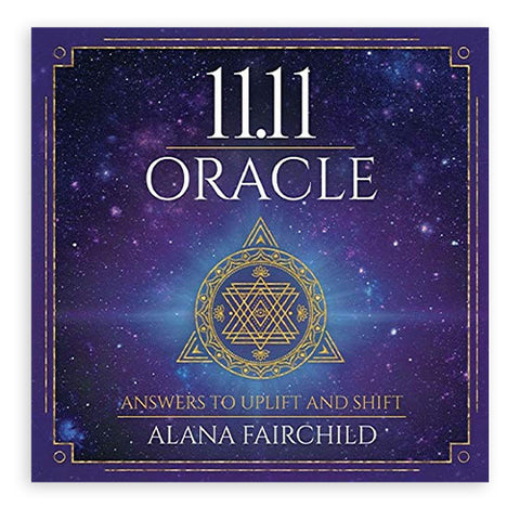 Orakulų kortos 11.11, Alana Fairchild autorės, violetinis žvaigždėtas fonas ir auksinis geometrinis ženklas ant priekinio viršelio