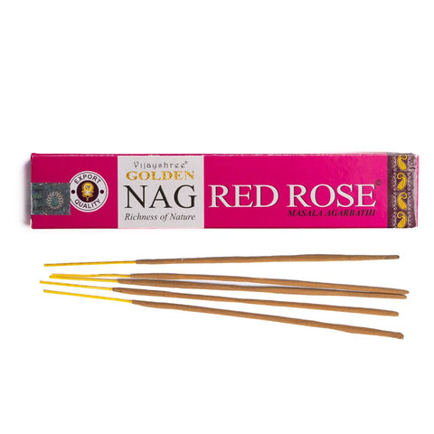 Smilkalai Red Rose (Vijayshree) ryškiai rožinėje dėžutėje su keliomis masala lazdelėmis parodytomis priekyje