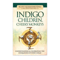 Knyga "Indigo Children & Cheeky Monkeys", aut. Scott Alexander King — kremiškas priekinis viršelis su tamsiai žalia juosta ir ornamentine beždžionėlių iliustracija