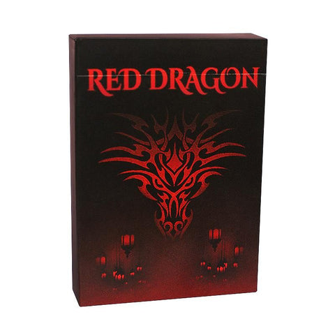 Kortų dėžutė Red Dragon juoda su ryškiu raudonu drakono ornamentu, rodoma iš priekio — kompaktiška ir dovanai tinkama