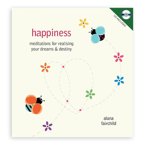 Meditacijų albumas Happiness Alana Fairchild, švelnios pastelinės pastelinės spalvos viršelis su boružėmis ir širdies takeliu, komplekte CD