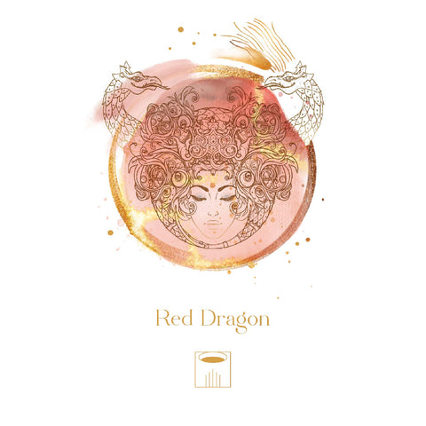 Red Dragon etiketė rožinio ir auksinio akvarelinio fono su ornamentiniu moters veidu ir dviem drakonais