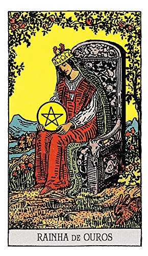 tarot korta Monetų karalienė sėdi ant išpuošto krėslų, laiko auksinį pentaklį, sodrus geltonas ir raudonas fonas
