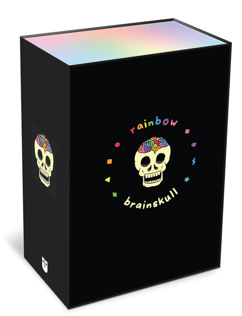 dovanų dėžė juoda su holografiniu viršumi ir spalvotu rainbow brainskull kaukolės logotipu, trijų pusių kampu