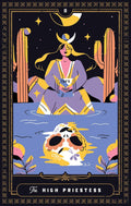 tarot korta Aukščiausioji kunigė, violetinė ir geltona versija, sėdinti su knyga TORA, mėnulio simboliai ir kaukolės atspindys vandenyje