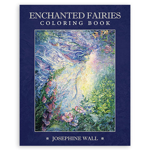 Spalvinimo knyga Enchanted Fairies Josephine Wall, tamsiai mėlynas viršelis su švytinčia fėjos iliustracija centre