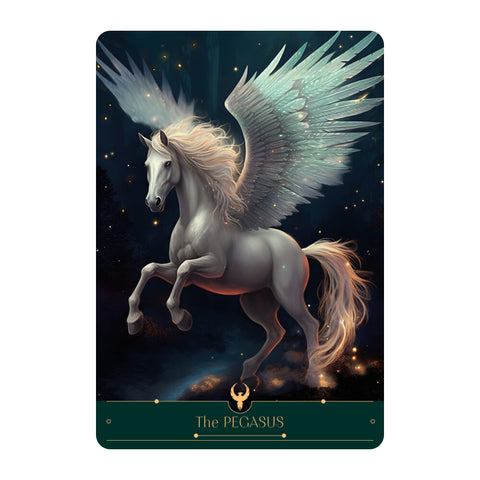 Pegasas plakate, baltas sparnuotas žirgas stovi įsikėlęs, su švytinčiomis žvaigždžių smulkėmis ir tamsiu fonu