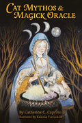 orakulų kortos "Cat Mythos & Magick Oracle" viršelis: mergina mėlynu gobtuvu maišo burtažoles katile, šalia sėdi katinas ir matomos mėnulio fazės