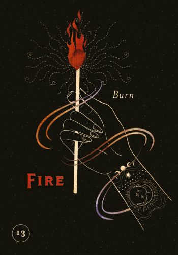 tarot korta Ugnis: juodas fonas, stilizuota ranka laiko degtuką su raudona liepsna, viršuje Nr.13