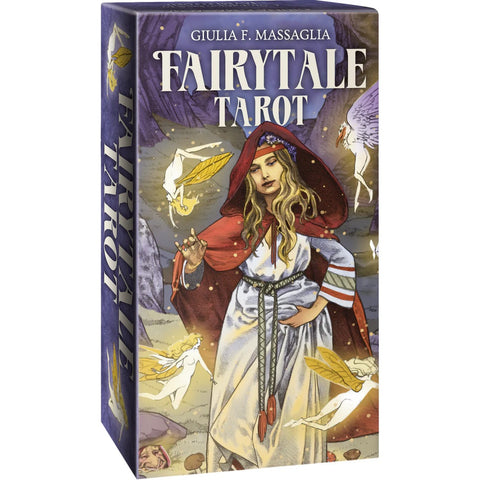 Fairytale Tarot kortų rinkinys Giulia F. Massaglia dizaino, dėžutė su moterimi raudonu gobtuvu ir plaukiojančiomis fėjomis ant priekio