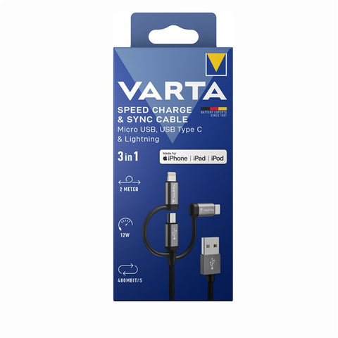 Varta 3in1 USB įkrovimo ir duomenų laidas Lightning/Type-C, 2 m