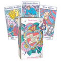 tarot kortos Girl Power dėžutėje su trimis pavyzdinėmis kortomis ir spalvingomis iliustracijomis, kompaktiškas rinkinys