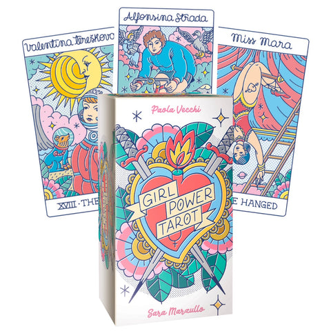 tarot kortos Girl Power dėžutėje su trimis pavyzdinėmis kortomis ir spalvingomis iliustracijomis, kompaktiškas rinkinys