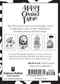 Many Queens Tarot 78 kortų rinkinys — nugarėlė su keturiomis pavyzdinėmis iliustracijomis ir leidyklos bei kainos informacija