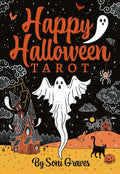 Tarot kortos 'Happy Halloween' juodo ir oranžinio viršelio su skrajojančiu vaiduokliu, siaubo namu ir juodu katinu