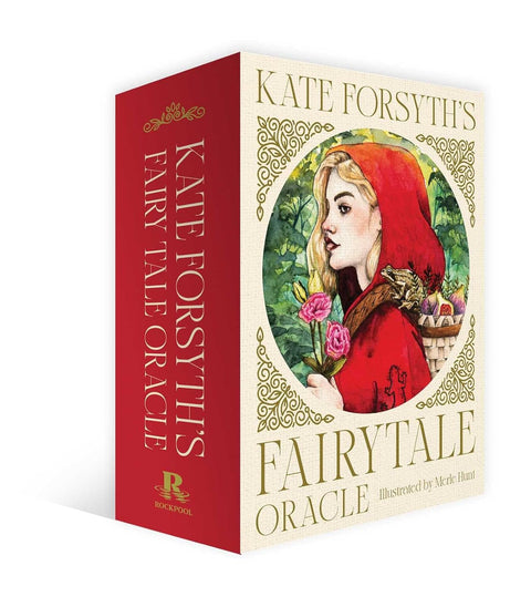 Fairytale Oracle kortos Kate Forsyth pakuotėje su raudonu šonu, ovalia merginos iliustracija ir kraštine spyna
