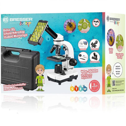 Bresser Junior Biolux mikroskopas 40–1600x su LED ir telefono adapteriu vaikams