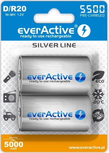 EverActive D R20 šarminės baterijos 5500mAh Silver Line, 2 vnt.