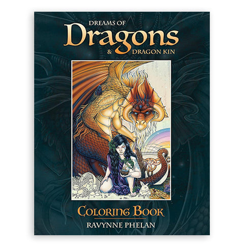 Spalvinimo knyga Dreams of Dragons, Ravynne Phelan — priekinis viršelis su aukšto detalumo drakonu ir moterimi, skirtas produkto sąrašo pagrindiniam rodymui