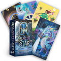 Tarot kortos Galactic Star — 78 kortų dėžutė su ryškiomis kosminėmis iliustracijomis; matomas dėklas ir keli pavyzdiniai kortų variantai