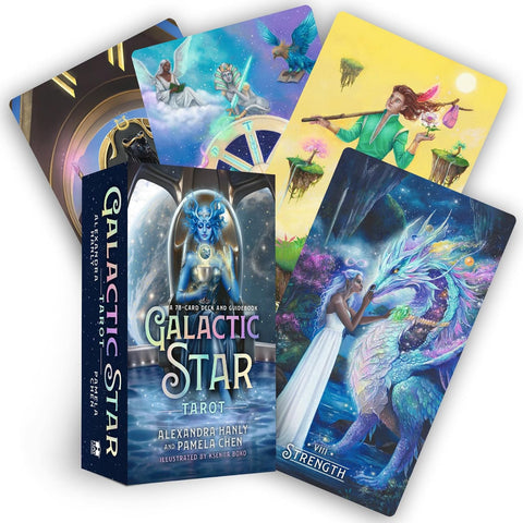 Tarot kortos Galactic Star — 78 kortų dėžutė su ryškiomis kosminėmis iliustracijomis; matomas dėklas ir keli pavyzdiniai kortų variantai