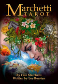 Tarot kortos Marchetti viršelis — spalvingas dizainas su moters profiliu, planeta, žuvimis ir tropiniais augalais