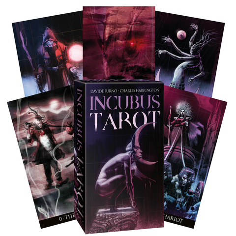 tarot kortos Incubus Tarot komplektas su tamsiai violetine dėže ir keliais atvertais kortų piešiniais, fanuotas išdėstymas