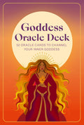 Goddess Oracle kortos – 52 kortų rinkinys su oranžinės spalvos dangos iliustracija, moteriška deivė su plaukais prieš didelį ratą