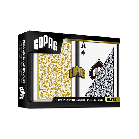 Pokerio kortos Copag Elite – 100% plastikinės pokerio dydžio, aukso ir tamsiai mėlynos nugarėlės, matoma tūzė ir langinė pakuotė