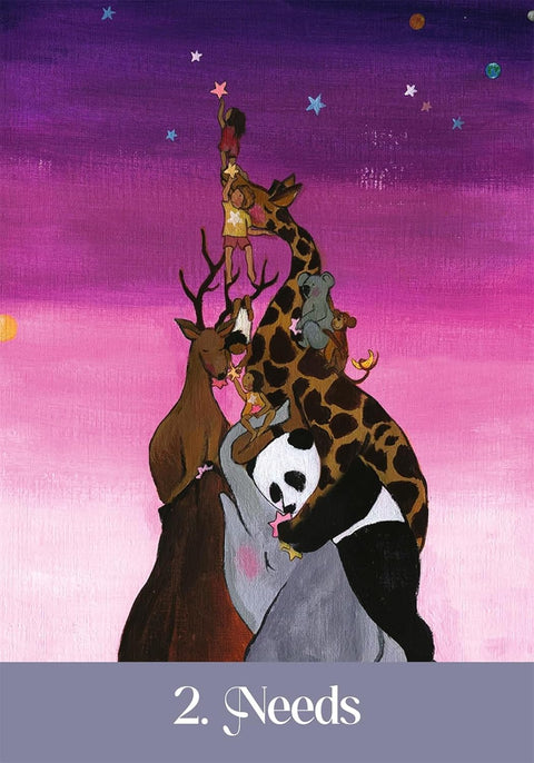 tarot korta nr. 2 Needs — vaikai ant susikibusios žvėrių kolonos (žirafa, panda, elnias ir kt.) pasiekia žvaigždes ryškiai rožiniame fone