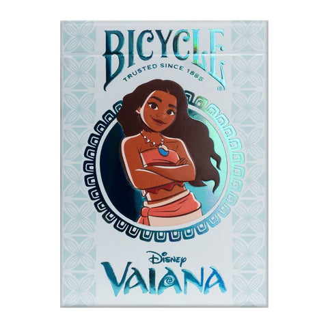 Bicycle Vaiana kortų kaladė su holografine mėlyna dėžute, priekinis vaizdas žaismingu Vaianos portretu
