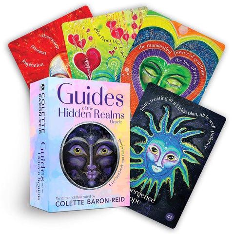 Orakulų kortos Guides of the Hidden Realms, Colette Baron‑Reid, spalvinga 44 kortų kaladė su dėžute ir išskleistais kortomis