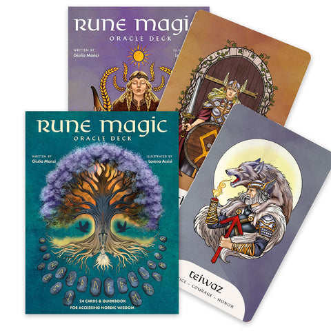 Rune Magic orakulo kortų rinkinys – turkio dėklas su 24 kortomis ir keliomis pavyzdinėmis iliustruotomis kortomis