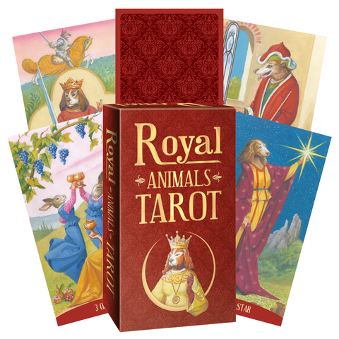 Tarot kortos Royal Animals — raudona elegantiška dėžutė su atvertomis iliustruotomis karališkų gyvūnų kortomis, parodyta iš priekio