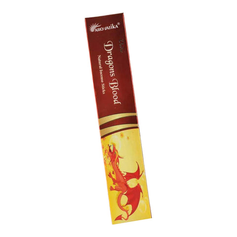 Smilkalai Dragons Blood (Arovatika) raudonai geltona pakuotė, priekinis kampas su ugniniu raudonu drakonu