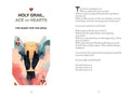 Knyga Holy Grail: dviejų puslapių atvartas su ace of hearts taurės iliustracija pastelinėmis spalvomis ir dešinėje esantis poezijos tekstas