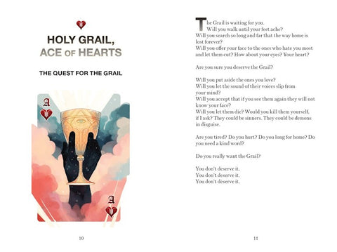 Knyga Holy Grail: dviejų puslapių atvartas su ace of hearts taurės iliustracija pastelinėmis spalvomis ir dešinėje esantis poezijos tekstas