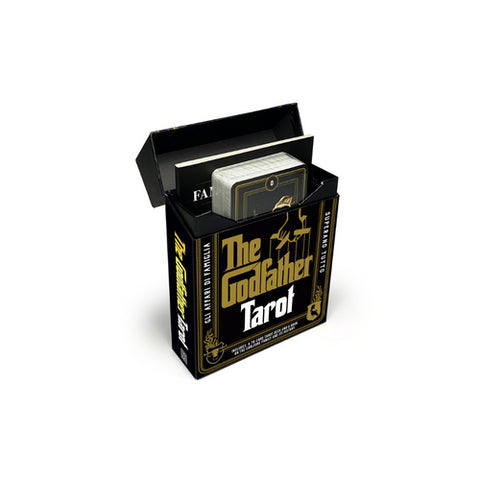 Tarot kortos The Godfather, juoda su auksiniais elementais dėžutė atidaryta, kaladė iš dalies matoma ir iškišta viršuje