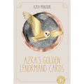Lenormand kortos Azra — auksinės kolekcijos priekinis viršelis su skraidančia auksine pelėda ir mėnulio žiedu