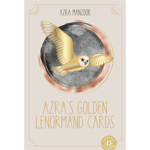 Lenormand kortos Azra — auksinės kolekcijos priekinis viršelis su skraidančia auksine pelėda ir mėnulio žiedu